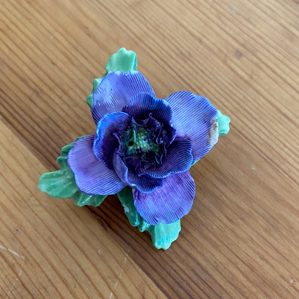 Crown China Crafts Ceramic Purple and green Floral Brooch. Made in England.